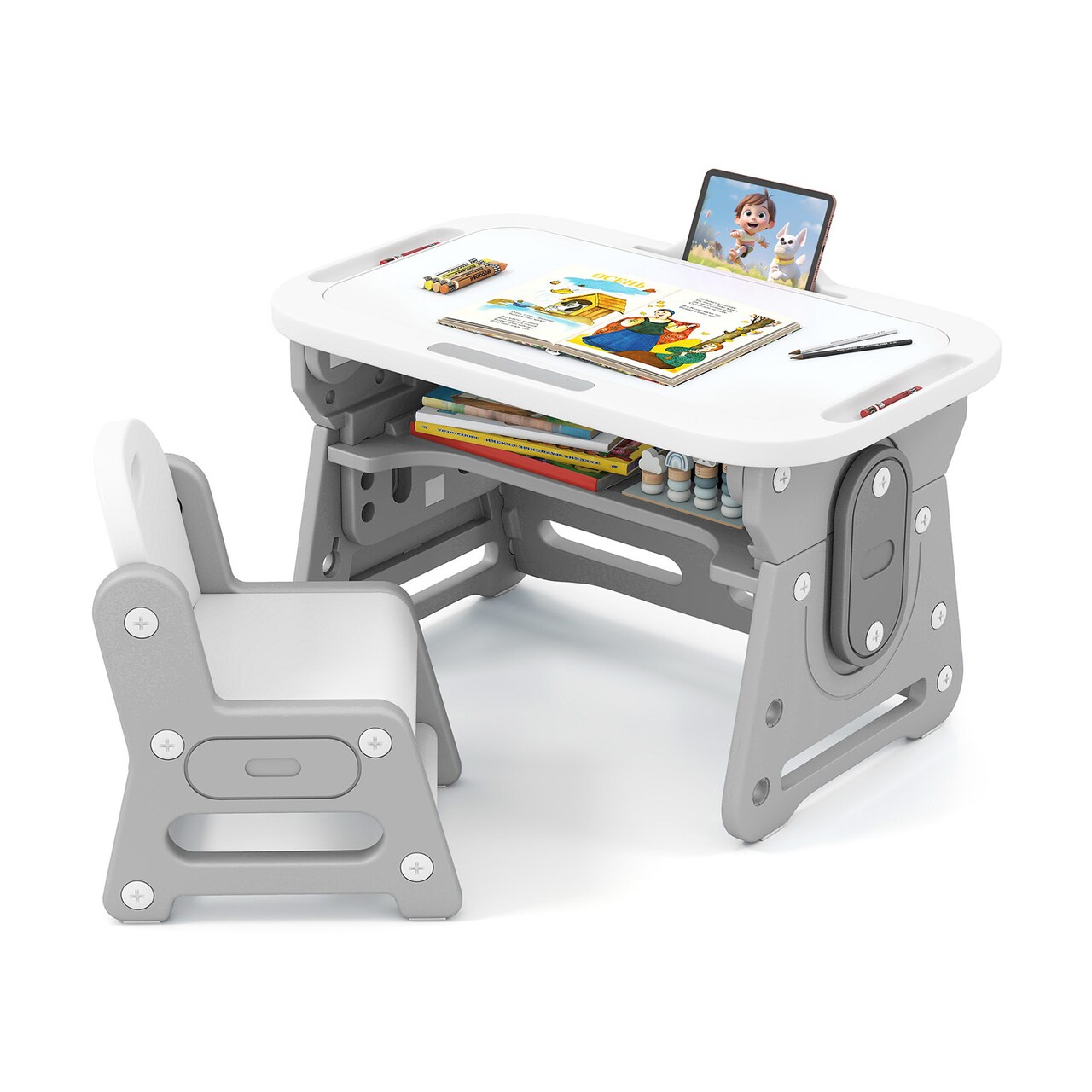 Grey Kids Art Table and Chair Set Adjustable Height Tiltable Whiteboard HDPE
